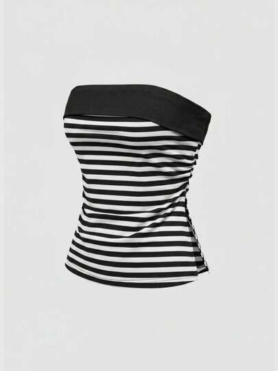 Grunge Punk Canotta corta a righe e patchwork in stile Y2K con orlo a spacco per donne