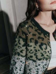 Anewsta Rhinestone Leopard Print Fuzzy Knit Cardigan - Green - View 5