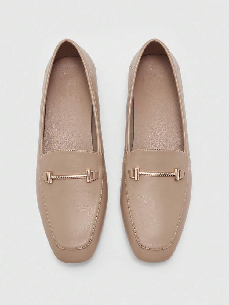 CUCCOO BIZCHIC Women's Square Toe Flat Low Heel New Apricot Metal Buckle Slip-On Loafers, Comfortable Versatile Casual Flats For Commuting For Christmas