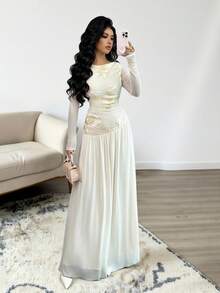 SHEIN Elenzya Váy trễ vai thanh lịch dành cho nữ với họa tiết thêu hoa sang trọng và lưới, thích hợp mặc hàng ngày, đám cưới, dạ hội, đi làm, tiệc tốt nghiệp, ngày lễ, hẹn hò, tiệc tùng, Halloween, Giáng sinh, năm mới, lễ Tạ ơn - Màu be - Xem 5