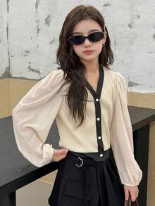 DAZY 少女V领撞色休闲长袖衬衫 - 杏色 - 查看 1