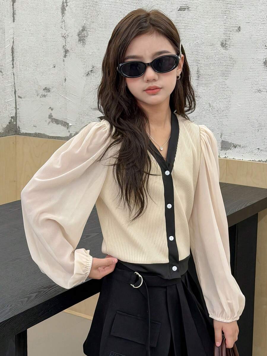 DAZY 少女V领撞色休闲长袖衬衫 - 杏色 - 查看 1