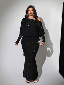 Viva Relle Plus Size Elegant Gold & Silver Thread Accent One-Shoulder T-Shirt And Skirt 2-Piece Setwinter Christmas Summer Party Elegant New Year - Black - View 4