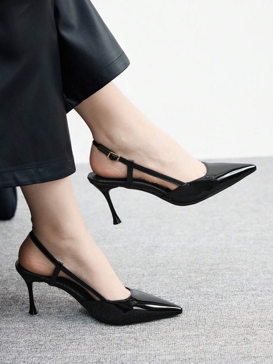 CUCCOO BIZCHIC Women's Pointed Toe Stiletto High Heel All-Match Black Pumps, Versatile Daily Wear Backstrap Slingback Heels For Christmas Valentine's Day - Black - View 1