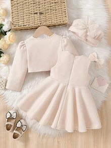 Souflis Souflis Baby Girls' Solid Color Short Floral Wool Blend Jacket, A-Line Dress With Matching Beret 3-Piece Set. Featuring 3D Floral Decor, Elegant And Adorable. A-Line Silhouette Suitable For Various Baby Body Types. Perfect For Outings, Playtime, Or Photo Shoots To Make Your Little Princess Shine. - Apricot - View 2