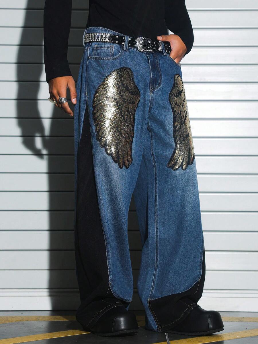 PAVTROS Quần jeans nam phong cách đường phố đính sequin hình cánh dơi, quần jeans nam đính đá, trang phục nam phong cách ghetto với quần jeans, quần jeans rộng thùng thình phong cách Y2K. - Nhiều màu - Xem 1