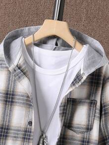 SHEIN Tween Boy Plaid Long Sleeve Single-Breasted Pocket Hooded Shirt, Autumn