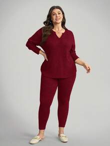 Comfylo 2pcs Plus Size Casual Solid Color Long Sleeve Top And Pants Set