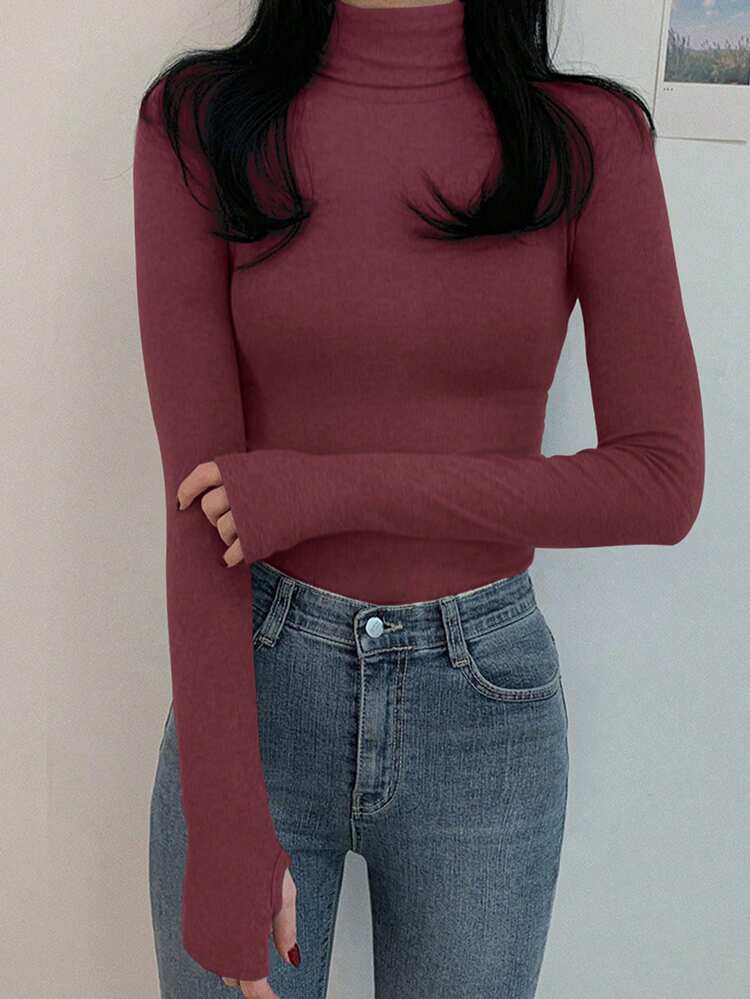 Women's Solid Color Turtleneck Tight Fitting Base Layer Long Sleeve T-Shirt, Autumn