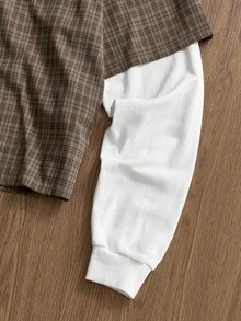 SWAVVY 男士休闲格子拼接前开襟二合一衬衫，秋季款 - 咖啡棕 - 查看 2