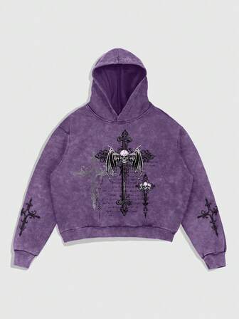 Goth Men's Minimalist Cross Skull Printed Long Sleeve Hooded Sweatshirt