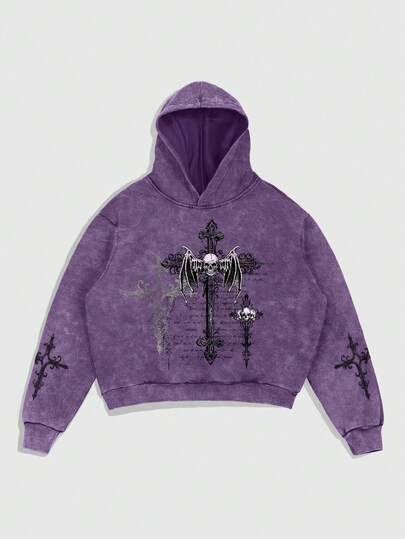Goth Sudadera con capucha de manga larga con estampado minimalista para hombre