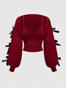 ROMWE Kawaii New Year & Valentine's Day Casual Layered Cute Bow Tie Decor Women Lantern Sleeve Cover Up Shrug Vest Two Pieces Set - Red - View 1