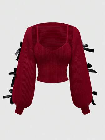 Kawaii Nuevo conjunto de dos piezas con chaleco y cubierta de manga farol con decoración de lazo, estilo casual para Año Nuevo y Día de San Valentín