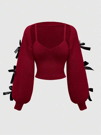 Kawaii Nuevo conjunto de dos piezas con chaleco y cubierta de manga farol con decoración de lazo, estilo casual para Año Nuevo y Día de San Valentín