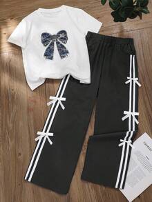 2pcs/Set Girls Rhinestone Bow Decor Top And Striped Bow Pants Outfit, Street Fashion - Black - View 1