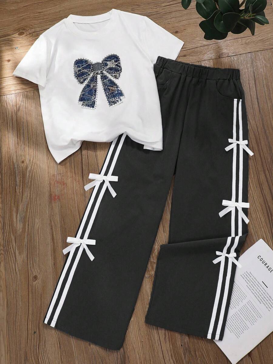2pcs/Set Girls Rhinestone Bow Decor Top And Striped Bow Pants Outfit, Street Fashion - Black - View 1