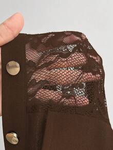 Viva Relle Gaun Lengan Panjang Patchwork Renda Ukuran Besar - Coklat - View 7