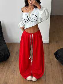 Coolane Women's Summer Streetwear Going Out Break Oversized Elastic Waistband Comfortable Scimitar Pants - Red - View 4