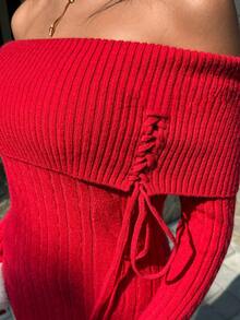Almamuse Women's Faux Fur Patchwork Off Shoulder Sweater Dress,Red And White Christmas Pullover Knit Top,Autumn Chic Night Out Holiday New Year Outfit,Red - Red - View 6