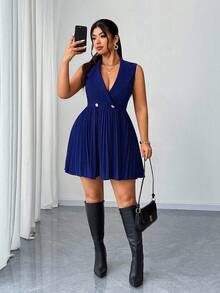 SHEIN Elenzya 大码女士优雅精致休闲商务西装领收腰无袖褶裥迷你连衣裙，秋冬款 - 藏蓝色 - 查看 1