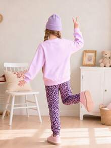 Young Girl Leopard Print Bow Decor Long Sleeve Sweatshirt And Pants Casual Outfit - Multicolor - View 3
