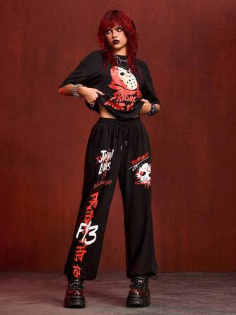 Friday the 13th X ROMWE بنطلون رياضي بخصر مطاطي مطبوع بقناع الرعب للنساء في عيد الهالوين