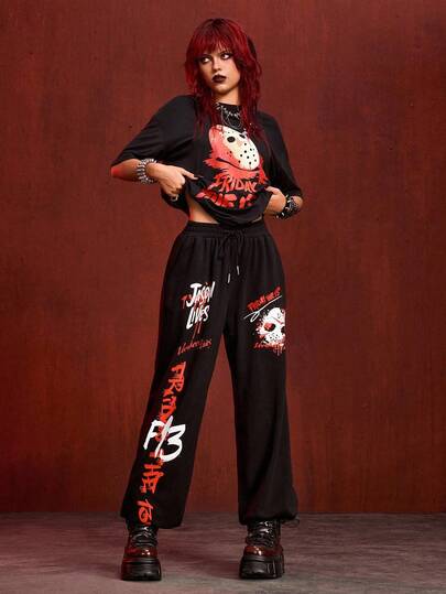 Friday the 13th X ROMWE Damen Halloween Horror Maske Muster Elastischer Bund Jogginghose