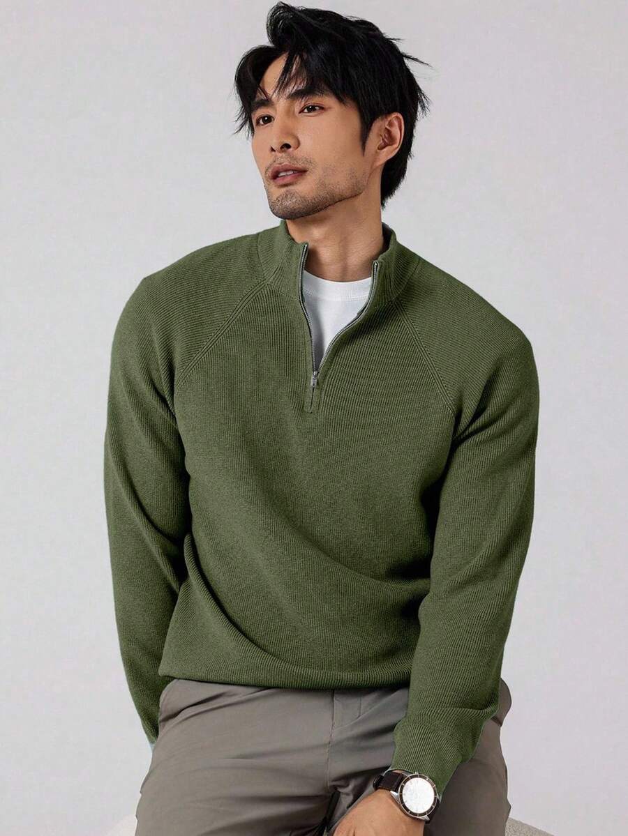 Manfinity Homme 男士加大码休闲纯色半拉链毛衣，秋冬季 - 軍綠色 - 查看 1