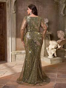 Aureia فستان أنيق فاخر مطرز بالترتر الأخضر مع فتحة رقبة، أكمام طويلة، قصة ذيل حورية البحر، مناسب للمناسبات الرسمية، الحفلات، المواعيد، الزفاف، السهرات، العطلات، بداية العام الدراسي