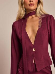 SHEIN Glamour Áo khoác blazer nữ cổ chữ V sâu không đều màu đỏ tía phối ren chắp vá thắt lưng xòe họa tiết trang trí thanh lịch kết hợp chân váy chữ A, bộ vest đỏ tía, thích hợp cho tiệc cocktail, hẹn hò, đi làm - Màu Đỏ Sâu - Xem 8