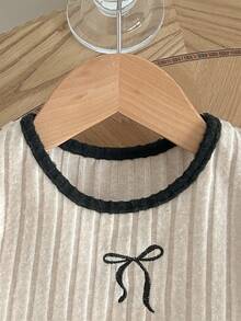 女童长袖套头连衣裙，配腰带，黑色滚边撞色羊腿袖，休闲百搭，适合外出和通勤，秋冬季 - 杏色 - 查看 5