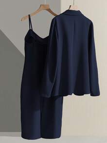 Franclia 休闲卡其色西装外套搭配吊带收腰直筒连衣裙，女士两件套套装，通勤休闲皆宜，春秋季款 - 藏蓝色 - 查看 2