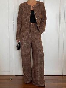 Livesso Women's Plaid & Striped Color Block Blazer Jacket And Straight Leg Casual Pants Suit Set, Loose Fit Business Casual Office Wear, Elegant Decoration With Metal Buttons, Suitable For Autumn, Winter, Spring, Christmas, New Year