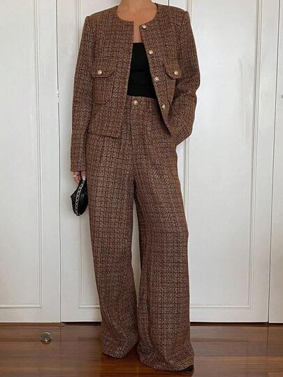 Livesso Women's Plaid & Striped Color Block Blazer Jacket And Straight Leg Casual Pants Suit Set, Loose Fit Business Casual Office Wear, Elegant Decoration With Metal Buttons, Suitable For Autumn, Winter, Spring, Christmas, New Year