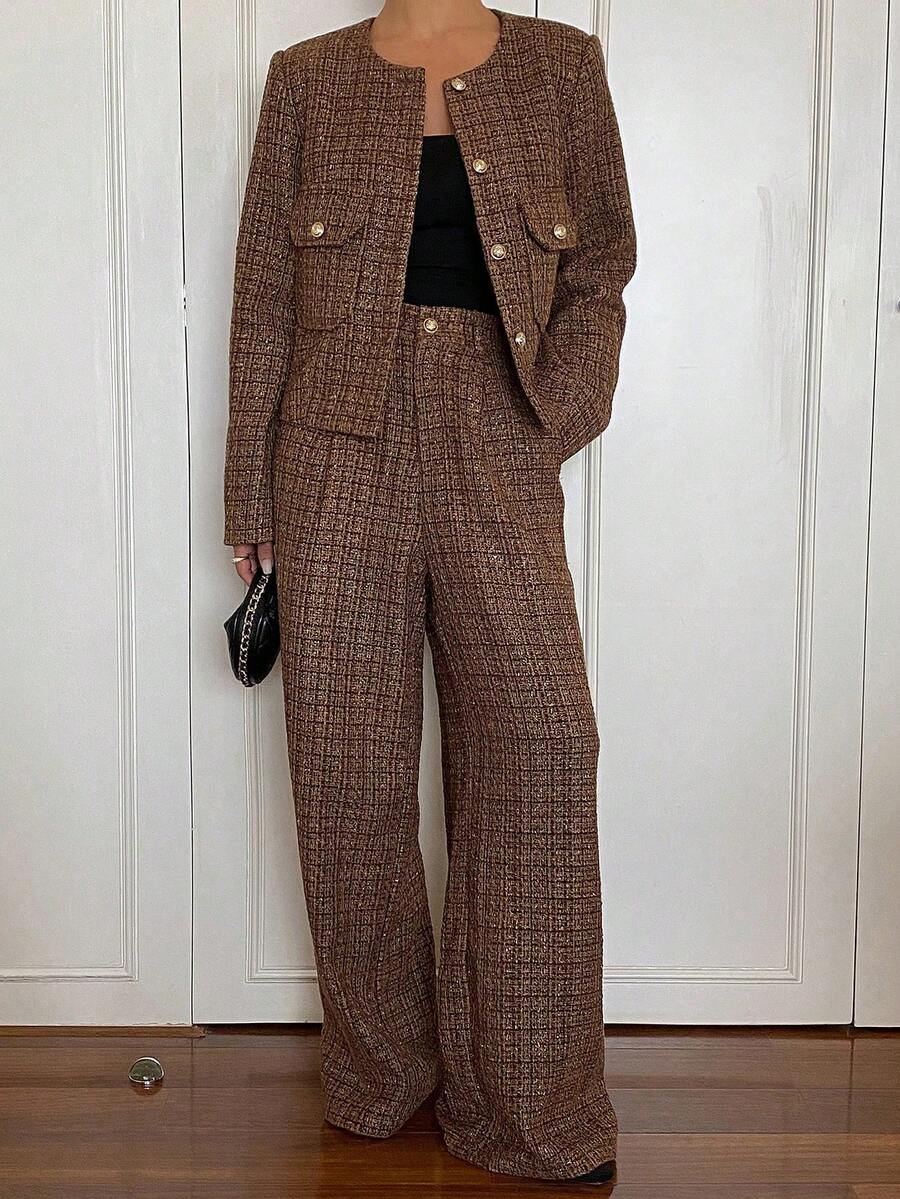 Livesso Women's Plaid & Striped Color Block Blazer Jacket And Straight Leg Casual Pants Suit Set, Loose Fit Business Casual Office Wear, Elegant Decoration With Metal Buttons, Suitable For Autumn, Winter, Spring, Christmas, New Year