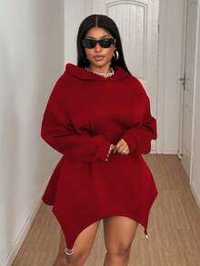 Maweii Women's Elegant Red Hooded Sweatshirt Dress,Plus Size,Wavy Hem Metal Ring Detail, Night Out Club,Autumn Girlism,Holiday Christmas New Year Outfit - Red - View 5