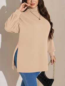 SHEIN LUNE Áo thun cổ lọ hở vai cỡ lớn, xẻ tà, mùa đông, đi chơi, năm mới, ngày lễ cho phụ nữ - Màu be - Xem 6