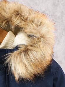 SHEIN Vacaura 青少年男孩保暖连帽毛领长袖休闲拉链加厚外套，8-4-2 - 藏蓝色 - 查看 3