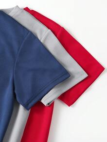 SHEIN Vacaura 3 件装 Tween Boy 圆领短袖 T 恤，带标签装饰，春夏 - 紅色 - 查看 3