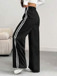 INAWLY Quần dài thường ngày màu khối bên hông cỡ lớn dành cho nữ - màu đen - Xem 2