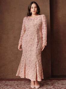 Anewsta Plus Size Women's Fitted Lace Beaded Floral Dress, Pink, Spring/Summer - Pink - View 5