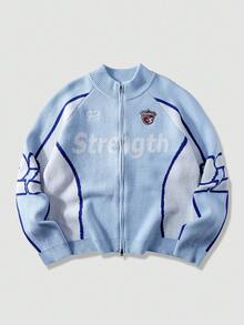 ROMWE MEN Prep Jersey de punto jacquard para hombre, corte holgado, manga larga - Celeste - Ver 1