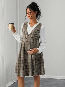 Momance Đầm dài tay thời trang 2 trong 1 cổ chữ V họa tiết kẻ caro cho bà bầu - Màu Khaki - Xem 6