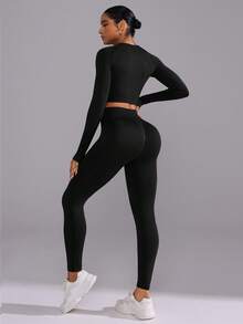 Eassivo Women's Solid Color Raglan Sleeve T-Shirt And High Waist Leggings Seamless Sports Set Workout Legging Two Piece Set Curve Activewear Set Curve Workout Set - Black - View 8