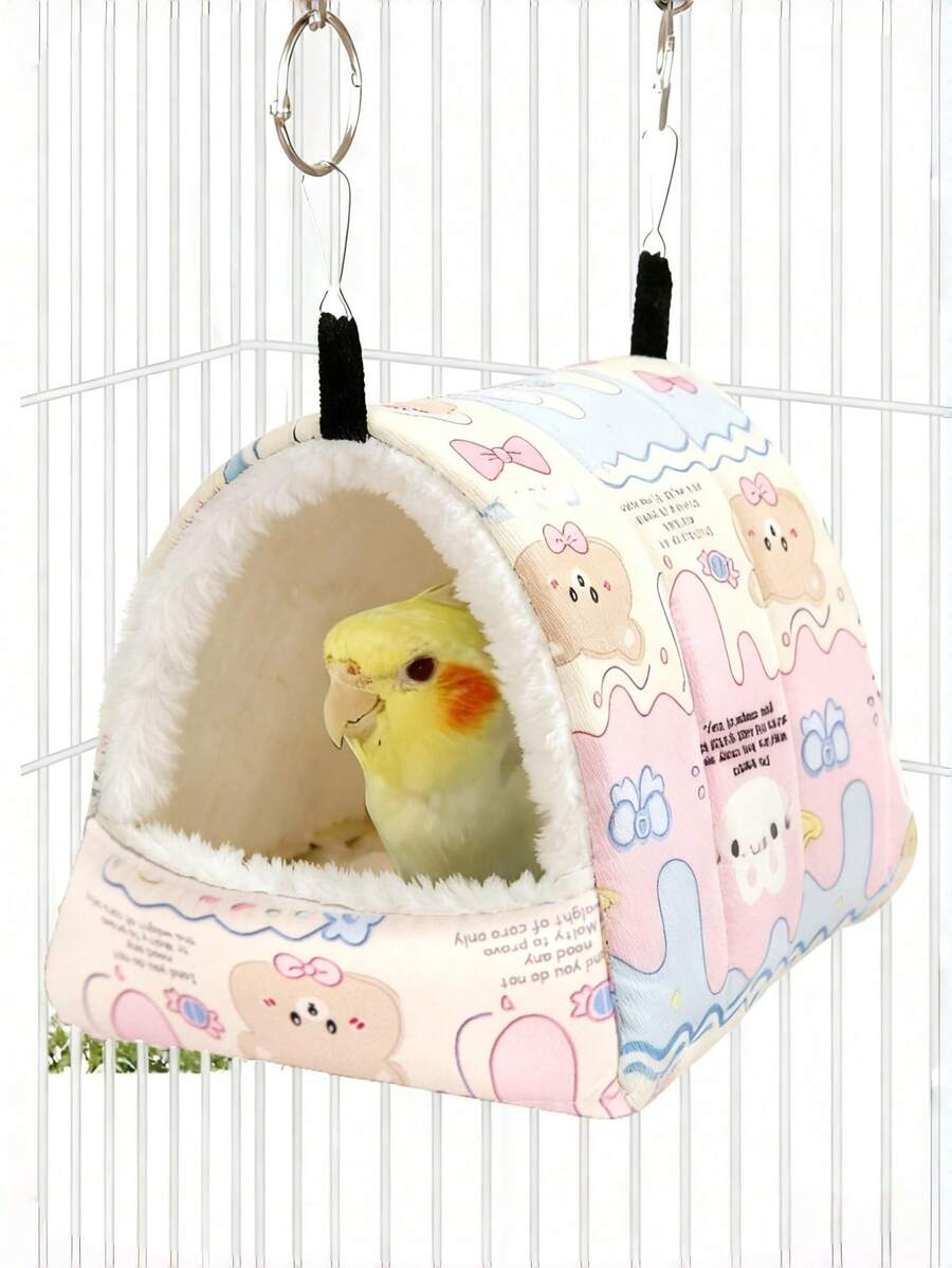 1件卡通印花毛绒全覆盖三角吊床睡袋，适用于鹦鹉、仓鼠、小型宠物鸟类，秋冬季适用 - 黃粉小熊 - 查看 1