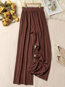 Lacomfia Quần ống rộng cạp chun co giãn họa tiết gân màu nâu cỡ lớn thường ngày - Rỉ Nâu - Xem 2