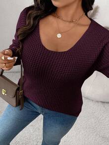 SHEIN Frenchy Suéter holgado de punto de gofre de unicolor con lazo decorativo en la espalda - Rojo violeta - Ver 6