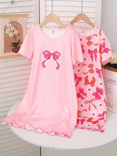 少女睡衣 - 两件套睡衣连衣裙，粉色蝴蝶结印花，短袖圆领，及膝长度，荷叶边下摆，轻薄透气，四季皆宜，2026 假日必备家居服，可爱俏皮，舒适易打理，送礼佳品，派对必备