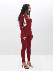 BABYPHAT Rhinestone Baby Text Long Sleeve Deep V Notch Neck Bodysuit Top With Metallic Pink Accents - Burgundy - View 3